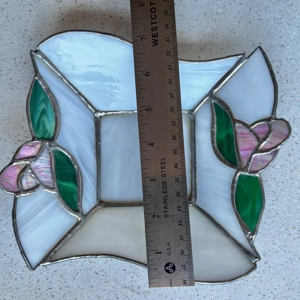 Stained Glass Decorative Bowl With Floral Design & Iridescent Accents - Picture 2 of 4